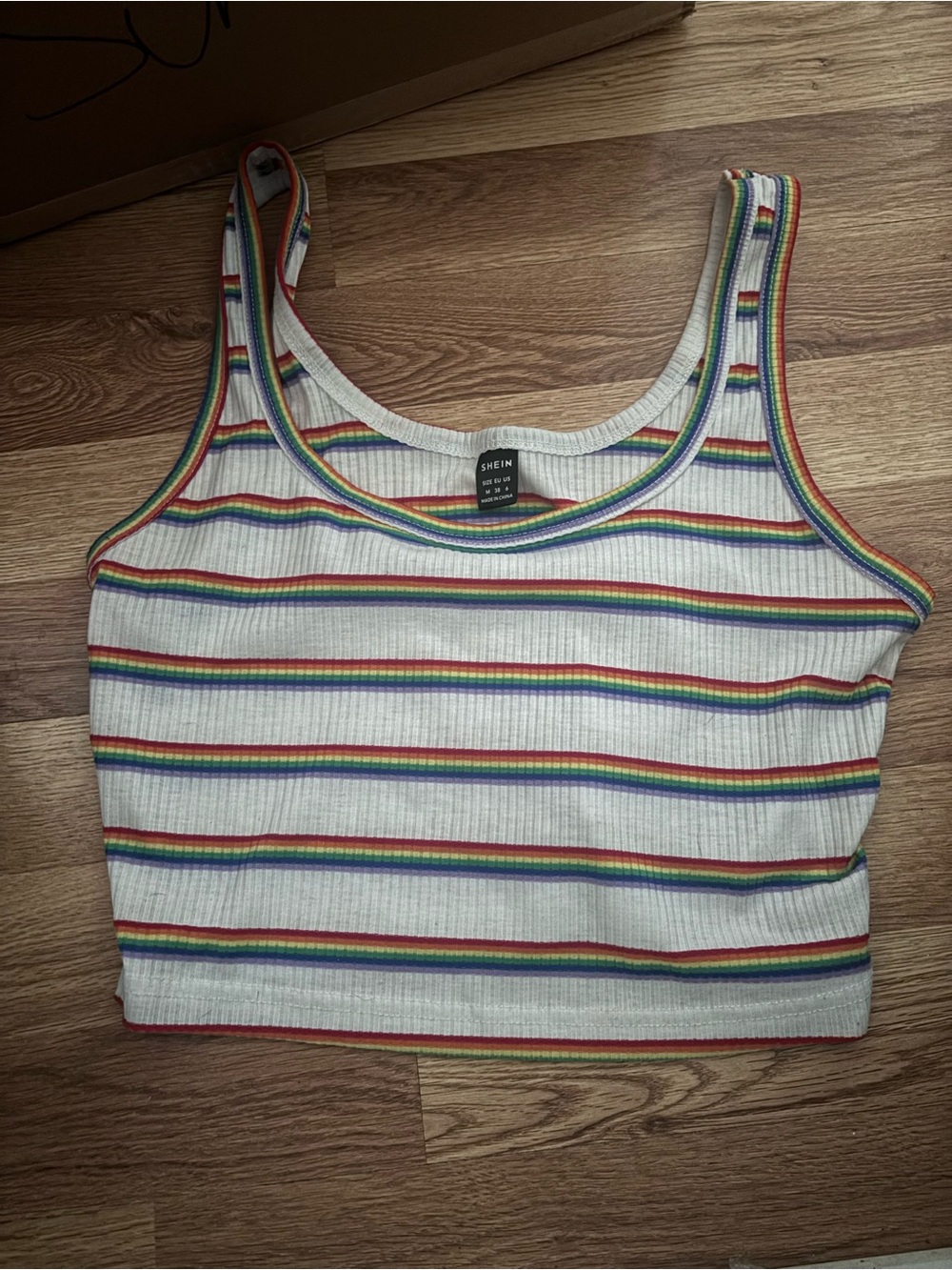 SHEIN White Ribbed Crop Tank with Rainbow Stripes